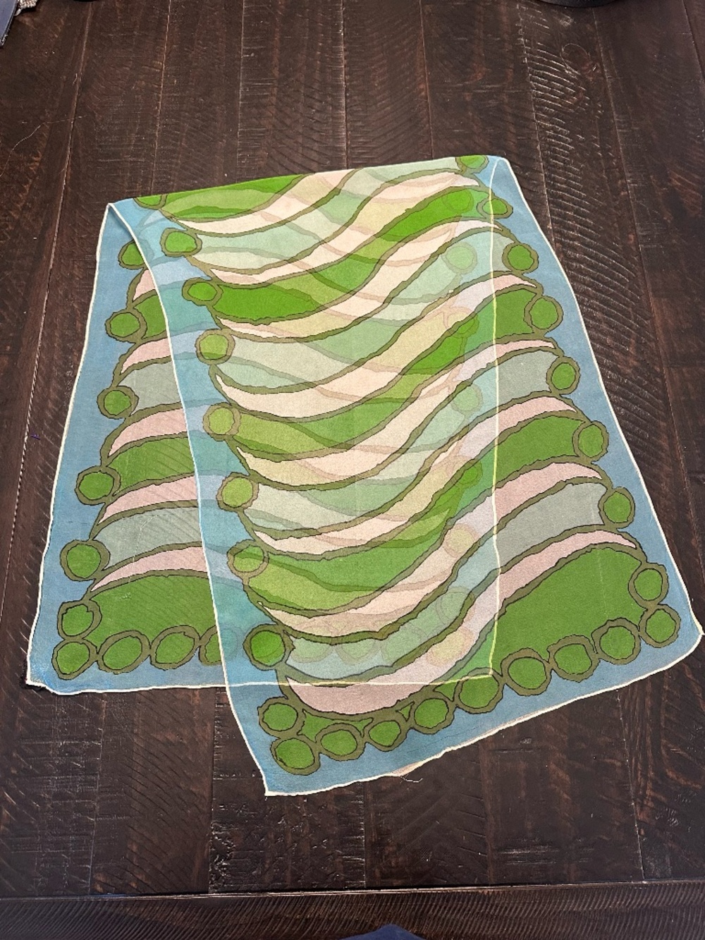 Vintage Chiffon Abstract Green and Blue Silk Scarf